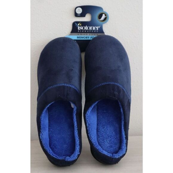 Isotoner A92509 Men Sz L (9.5-10.5) Navy Blue Jared Memory Foam Moc Slippers - Picture 1 of 7